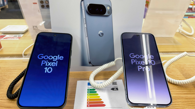 pixel 10 pro and pixel 10 smartphones on store shelf side-by-side