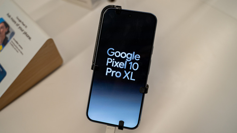 the larger google pixel 10 pro xl on display at a store