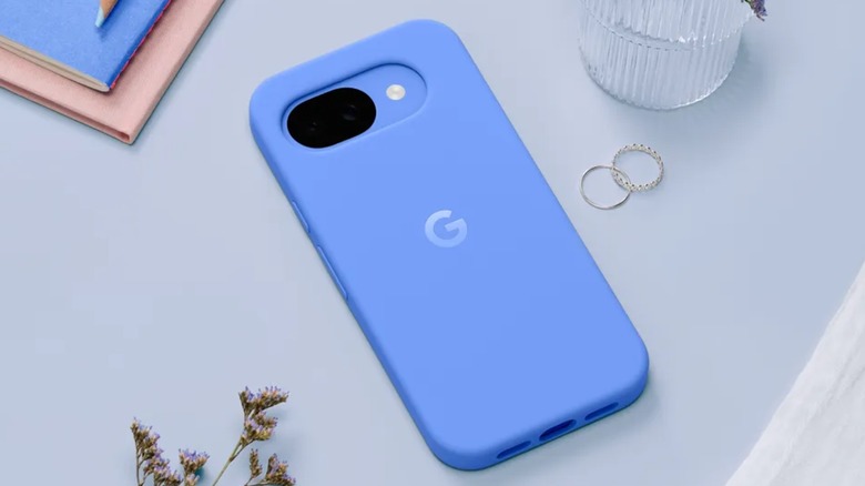 The Google Pixel 10a with a case sitting face down on a table