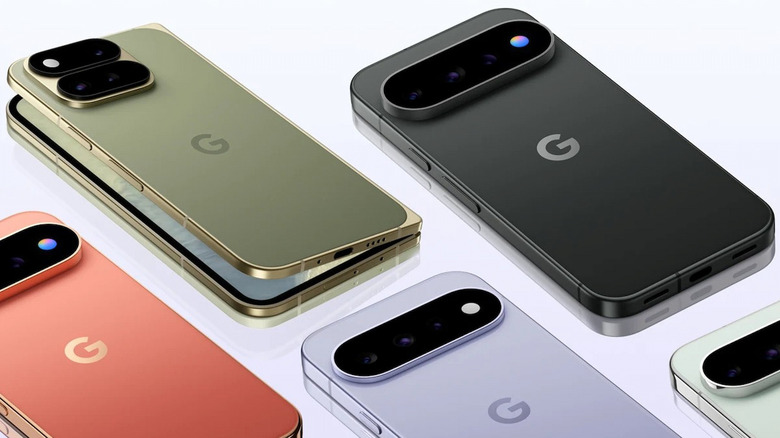Different colors and variations of the Google Pixel 11 face down on a surface, their back logo and camera are visible