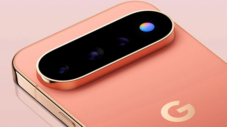 A close up of the back of a salmon-colored Google Pixel 11 smartphone