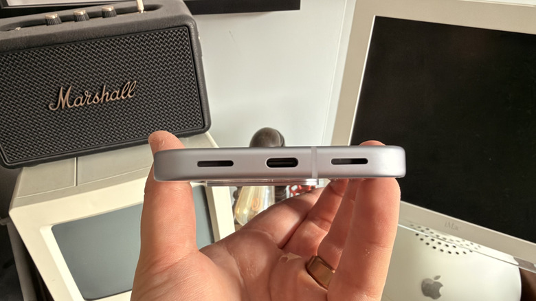 Close-up of the USB-C charging port and speakers on the bottom of the Pixel 11