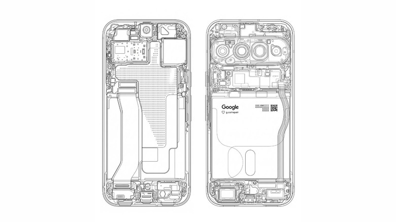 Two black and white blueprint images showing the internal hardware of a Google Pixel 11 phone