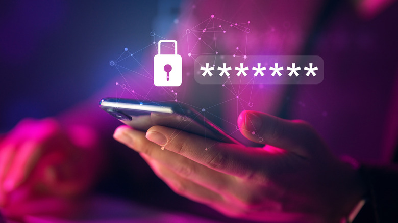 A person holding a phone in their hand, showing a lock icon with asterisks to represent a password