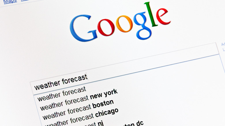 google search box with weather forecast written into it