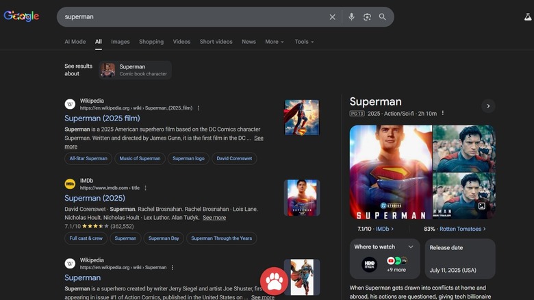 Screenshot of the Superman Easter egg in Google search