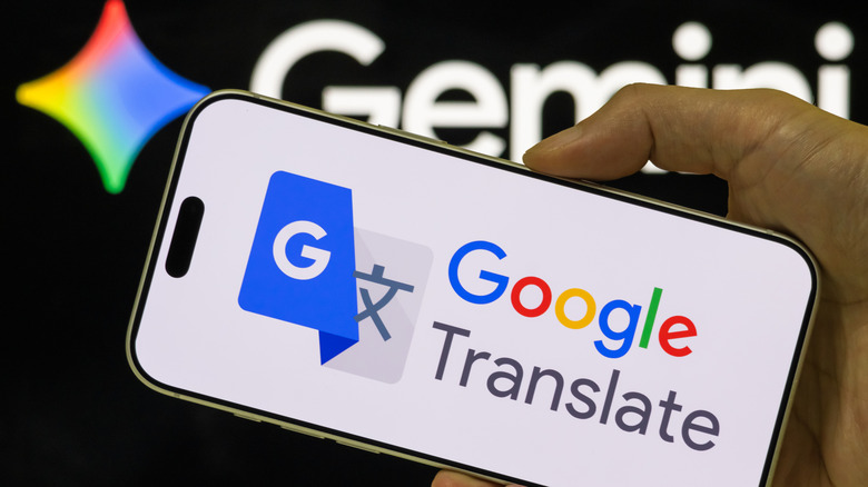 Google Translate logo on an iPhone, and the Gemini logo in the background.