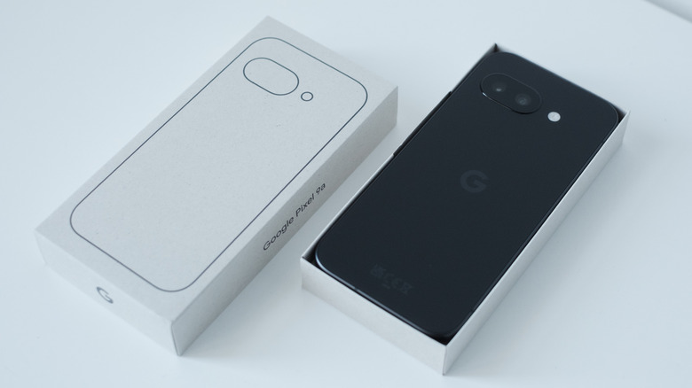 The Pixel 9a in a retail box
