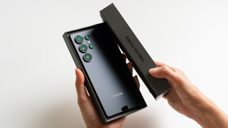 The Galaxy S25 Ultra phone inside retail box