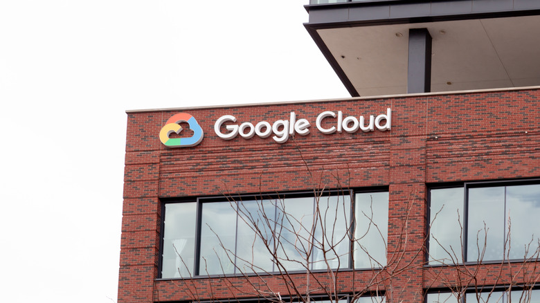 A Google cloud logo on a building.