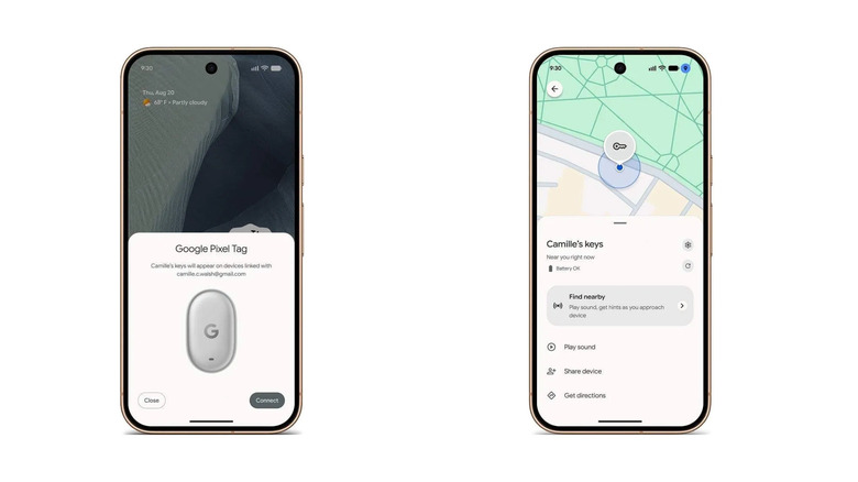 mockup of how Google Pixel Tag pairs and how it looks when tracking in Find My on Android