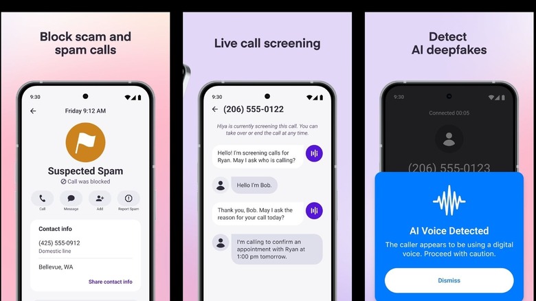 Hiya Spam Blocker app screens with spam blocking, call screening, and AI voice detection