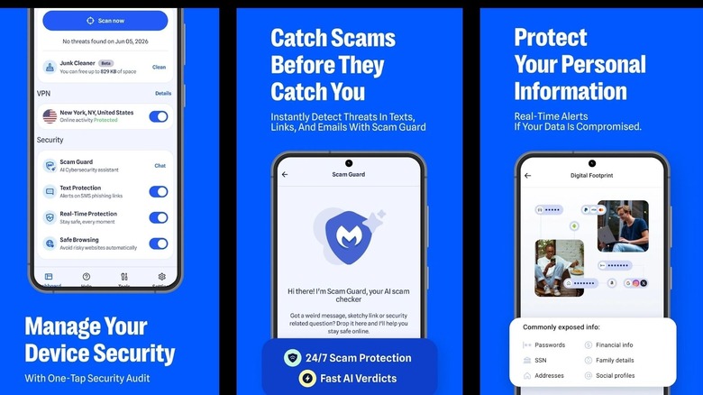 Malwarebytes Scam Guard app screens with security and scam alerts