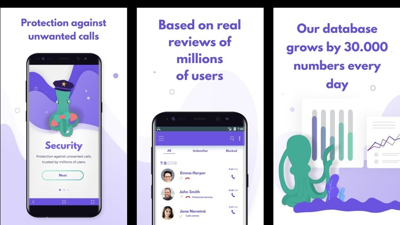 Should I Answer? app screens showing unwanted call protection and a user-based spam number database