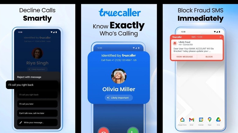 Truecaller app screens showing caller ID, smart call decline, and fraud SMS blocking features