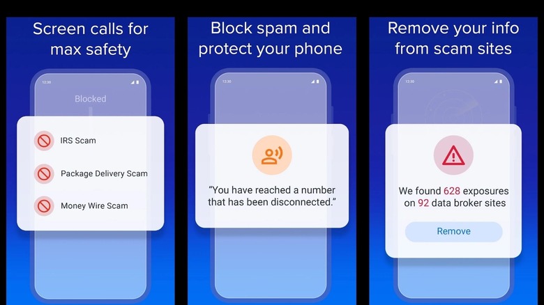 YouMail app screens showing spam call blocking and scam protection features