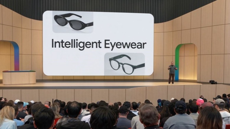 Google IO Intelligent Eyewear screen with models visible on stage.