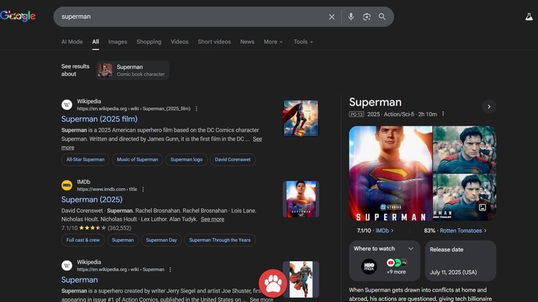 Screenshot of the Superman Easter egg in Google search.