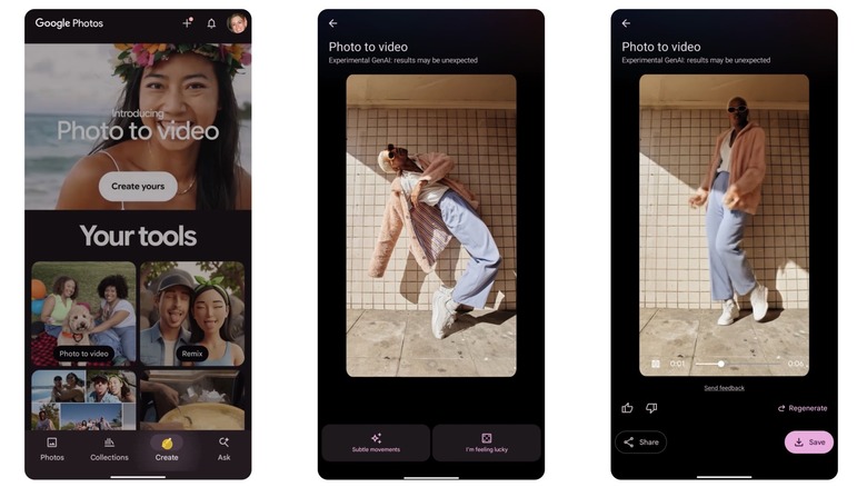 Turning photos into videos in Google Photos.