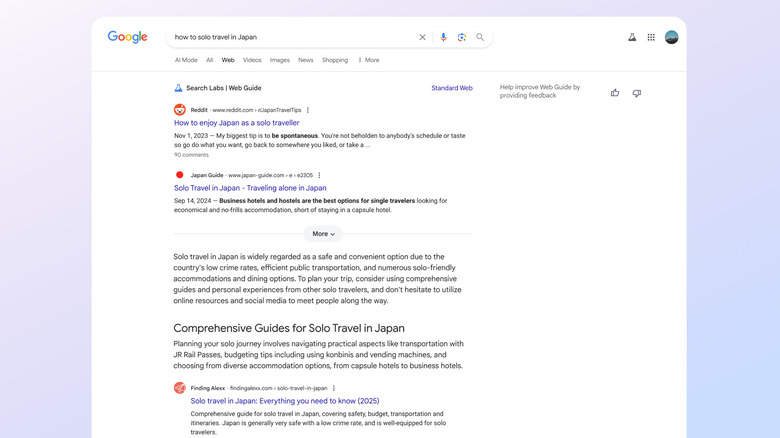 Google search for how to solo travel in Japan as seen when using Google's Web Guide