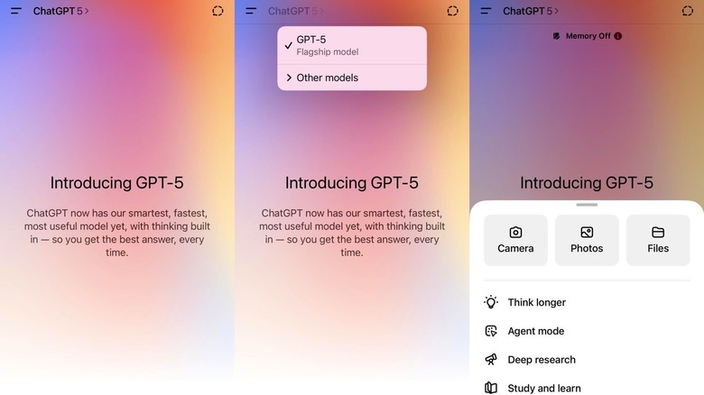 Screenshots showing the GPT-5 model in the ChatGPT iPhone app.