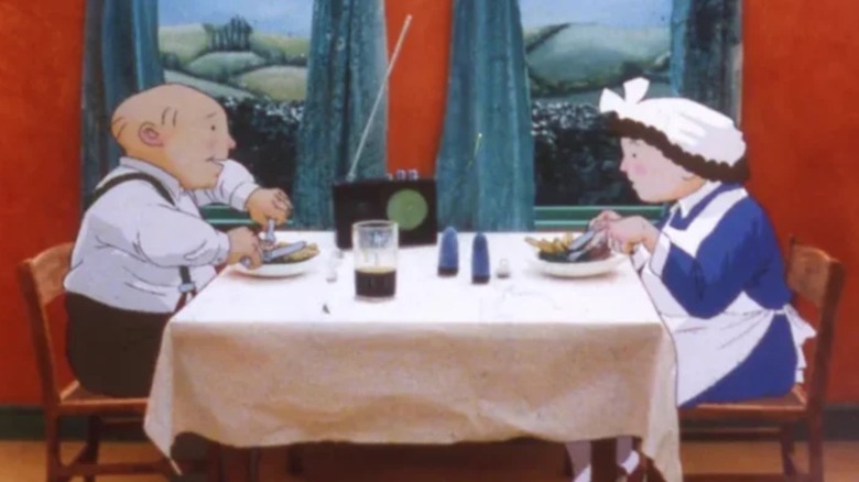 Jim and Hilda Bloggs sat at the table in When the Wind Blows
