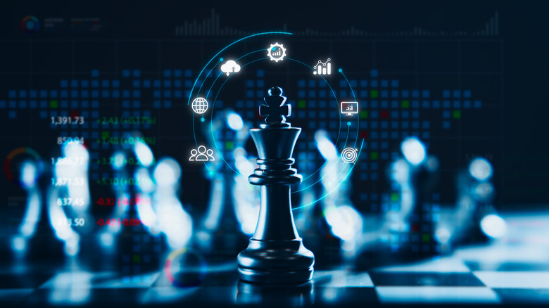 King piece from chess with compute symbols around it, suggesting AI interactions