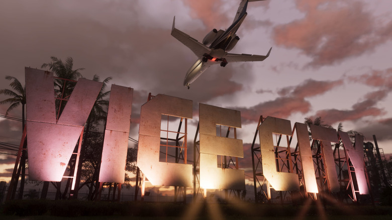 GTA 6 screenshot, plane flying over Vice City sign
