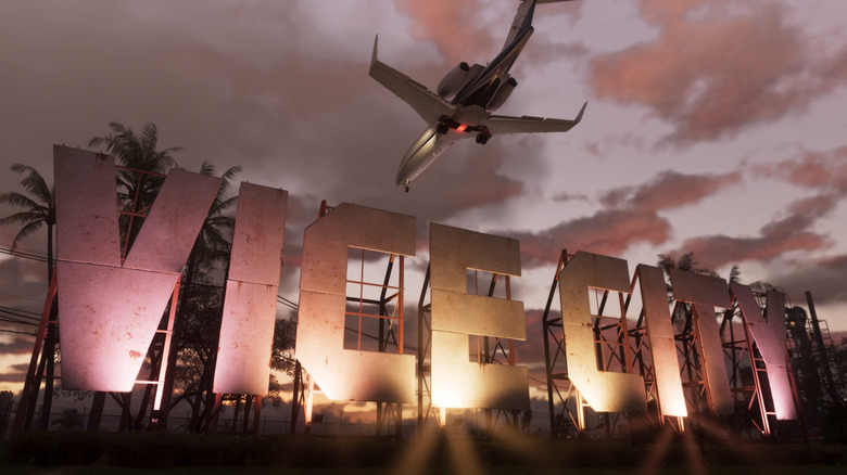 GTA 6 screenshot, plane flying over Vice City sign