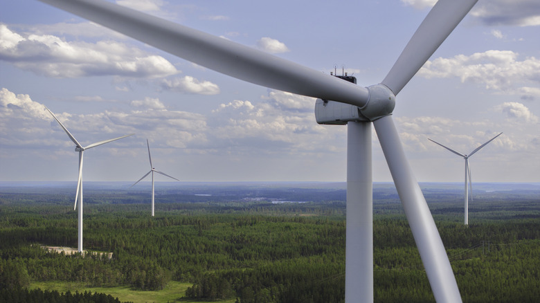Windmills overlooking forest in Sweden