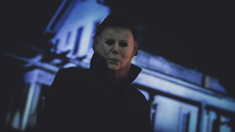 Movie villain Michael Myers looking down at the camera.