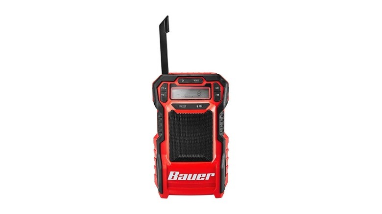 Black and red radio with black antenna and LCD screen
