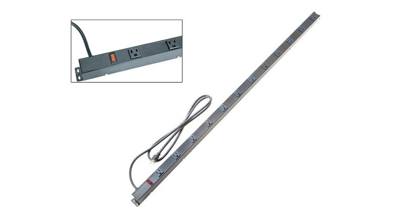 Gray metal power strip with a zoomed in view in a box