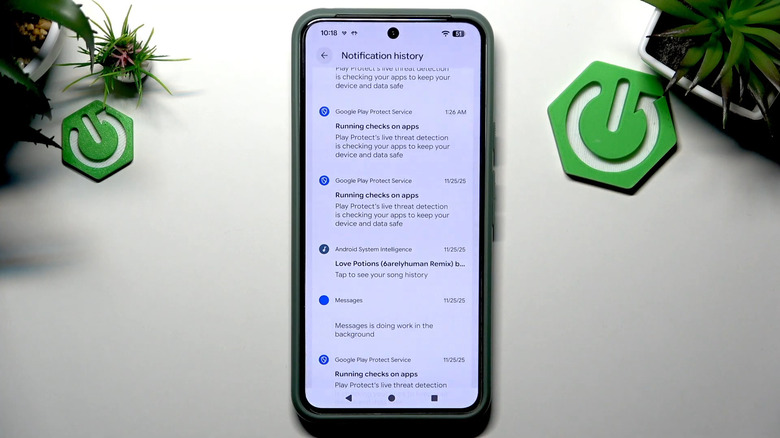 Google Pixel Android phone showing Notification History