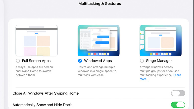 Settings screen for "Multitasking & Gestures" showing options for Full Screen Apps, Windowed Apps (selected), and Stage Manager, along with additional toggle settings below.