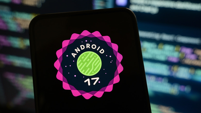 Mobile phone screen with Android 17 logo