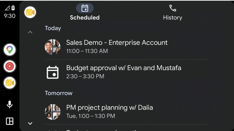 Scheduled tab in Google Meet Android Auto UI