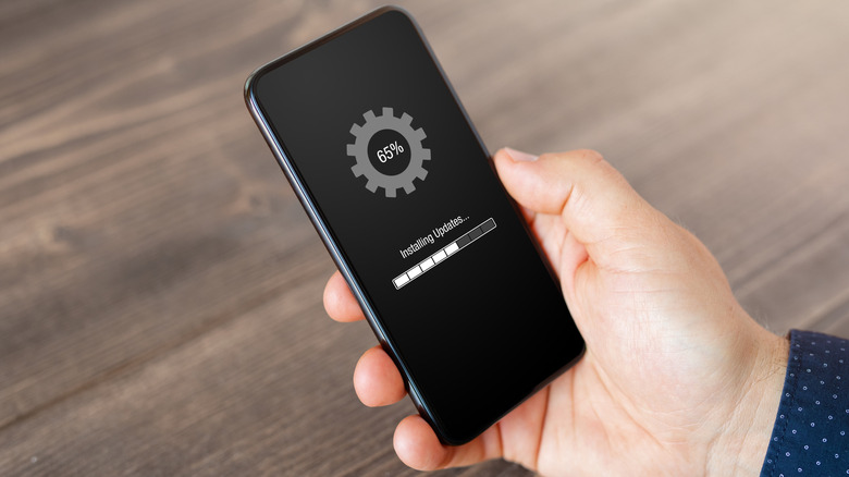 Close-up of a person holding a smartphone with software update process on the screen