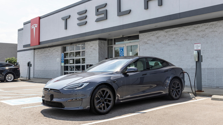 A Tesla Model S at a charging station