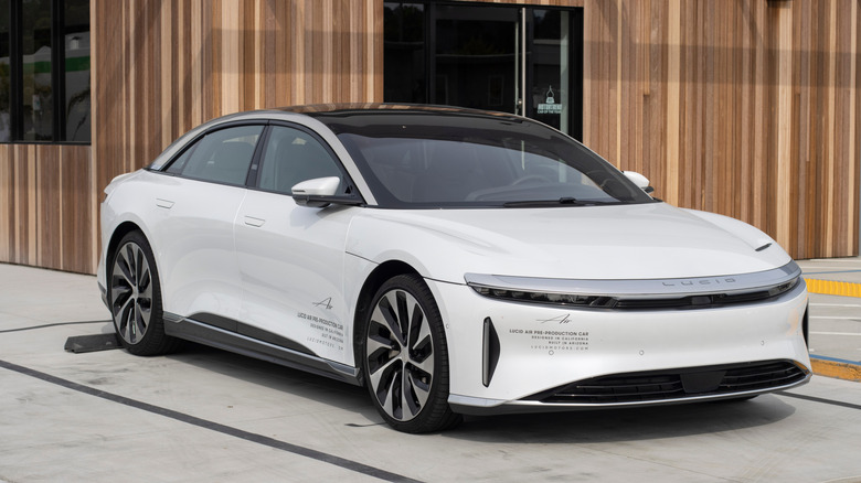 A 2022 white Lucid Air EV on display