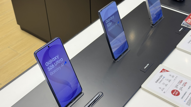The Galaxy S26 series on display in a store.