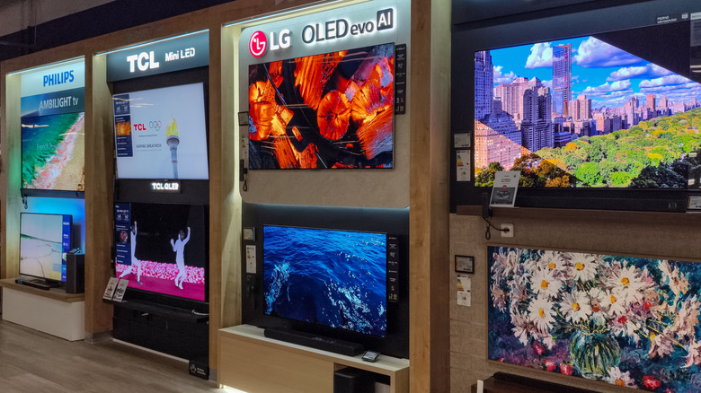 Two rows of OLED TVs on display in a showroom