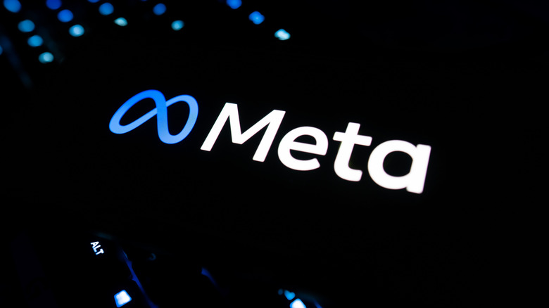 The Meta logo on a dark background with some blue LEDs