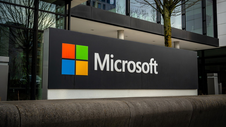 The Microsoft logo outside a building