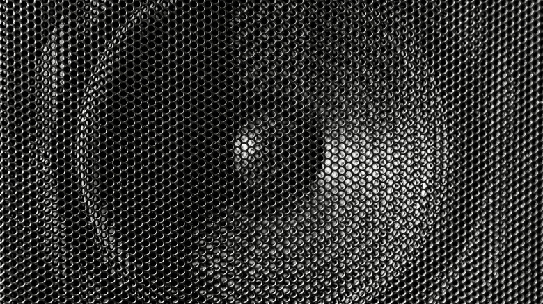 A bass speaker behind a grille.