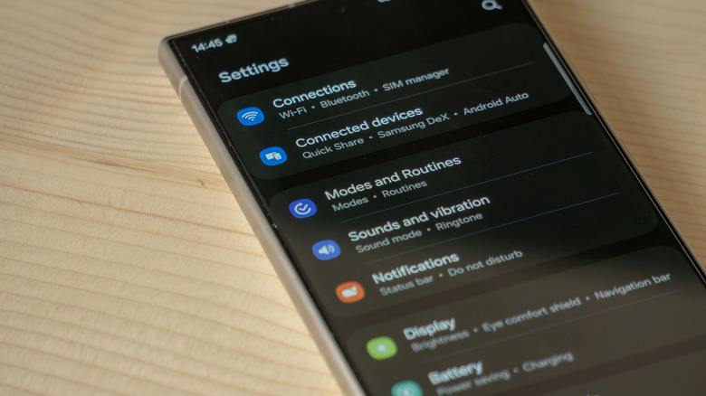 Close-up of S24 Ultra settings screen, displaying options including Connections, Display, Battery, and more.