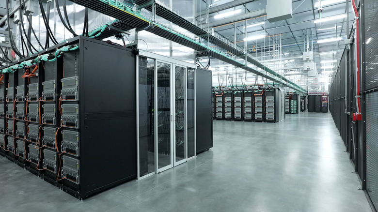 Server racks in a large data center.