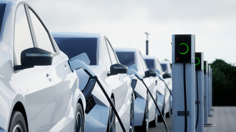 A line of white electric vehicles are being charged by a row of outside EV chargers