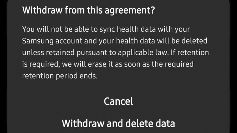 Close-up of withdraw pop-up text when turning off AI training in Samsung Health app