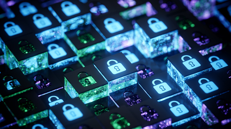 An abstraction of digital security; virtual squares at various heights with a highlighted lock on each